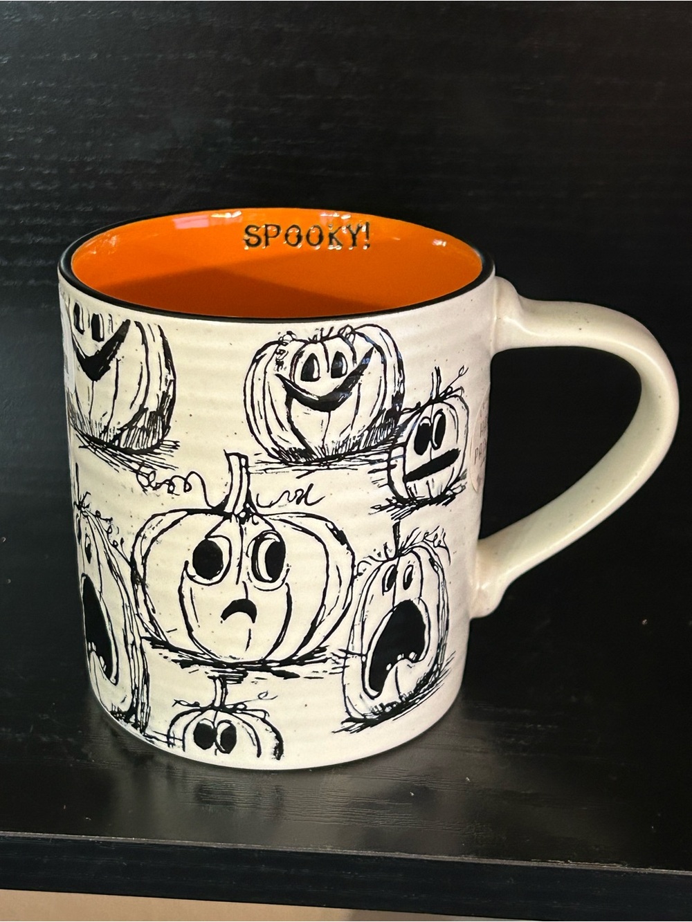 Halloween Ceramic Mug with Orange Interior and Black Pumpkin Sketches